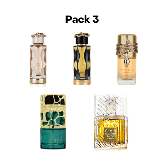 Pack de Muestras de Perfumes Árabes Número 3.&nbsp;

Contiene:&nbsp;

Teriaq de Lattafa de 3ml.&nbsp;
Teriaq Intense de Lattafa de 3ml.&nbsp;
Musamam White Intense de Lattafa de 3ml.
Qimmah Woman de Lattafa de 3ml.&nbsp;
Khamrah Qahwa de 3ml.
